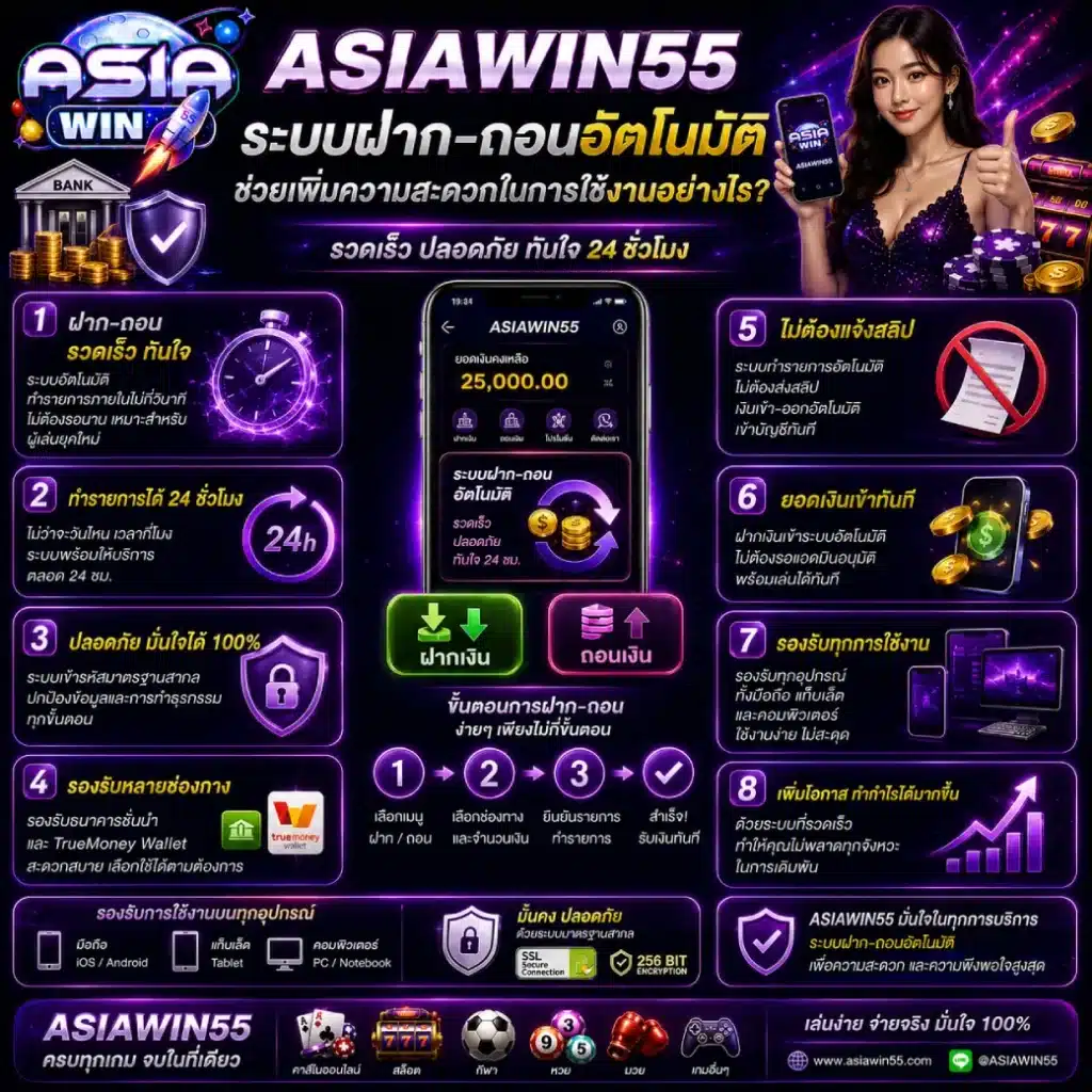 ระบบฝาก-ถอนอัตโนมัติของ ASIAWIN55 ช่วยเพิ่มความสะดวกในการใช้งานอย่างไร